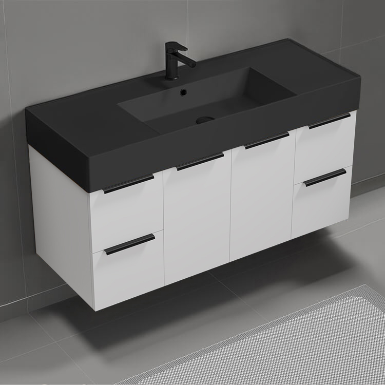 Nameeks DERIN1015 Modern Bathroom Vanity With Black Sink, Wall Mounted, 48 Inch, Glossy White